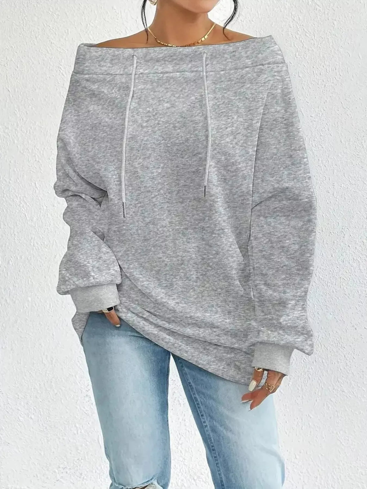 Off-Shoulder Drawstring Sweatshirt