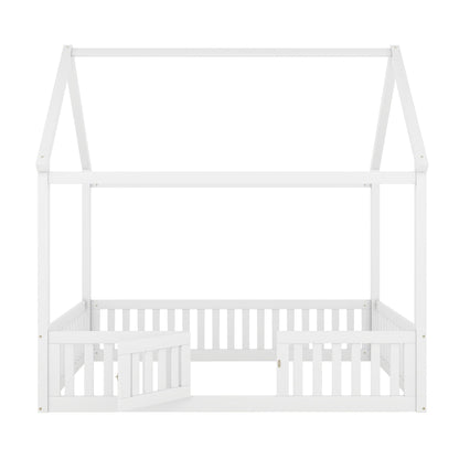Wood House Bed With Fence And Door