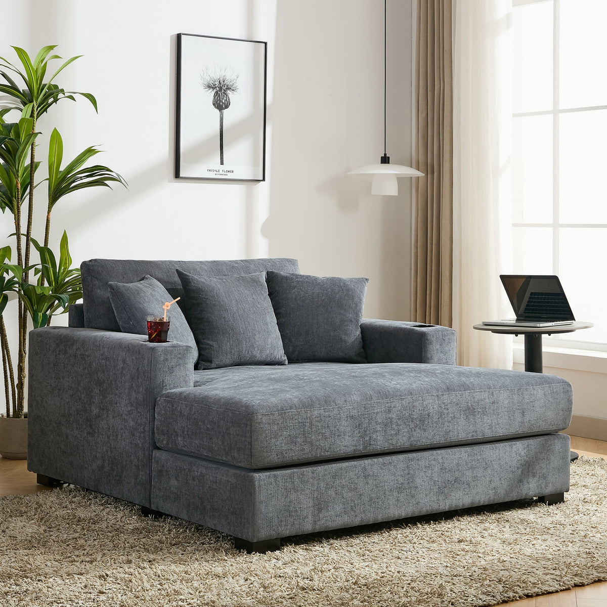 Oversized Chaise Lounger Modern Style Sofa Couch, With Pillows, Charge Station & Cup Holders