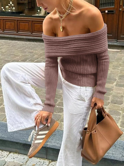 Off-Shoulder Ribbed Knit Sweater