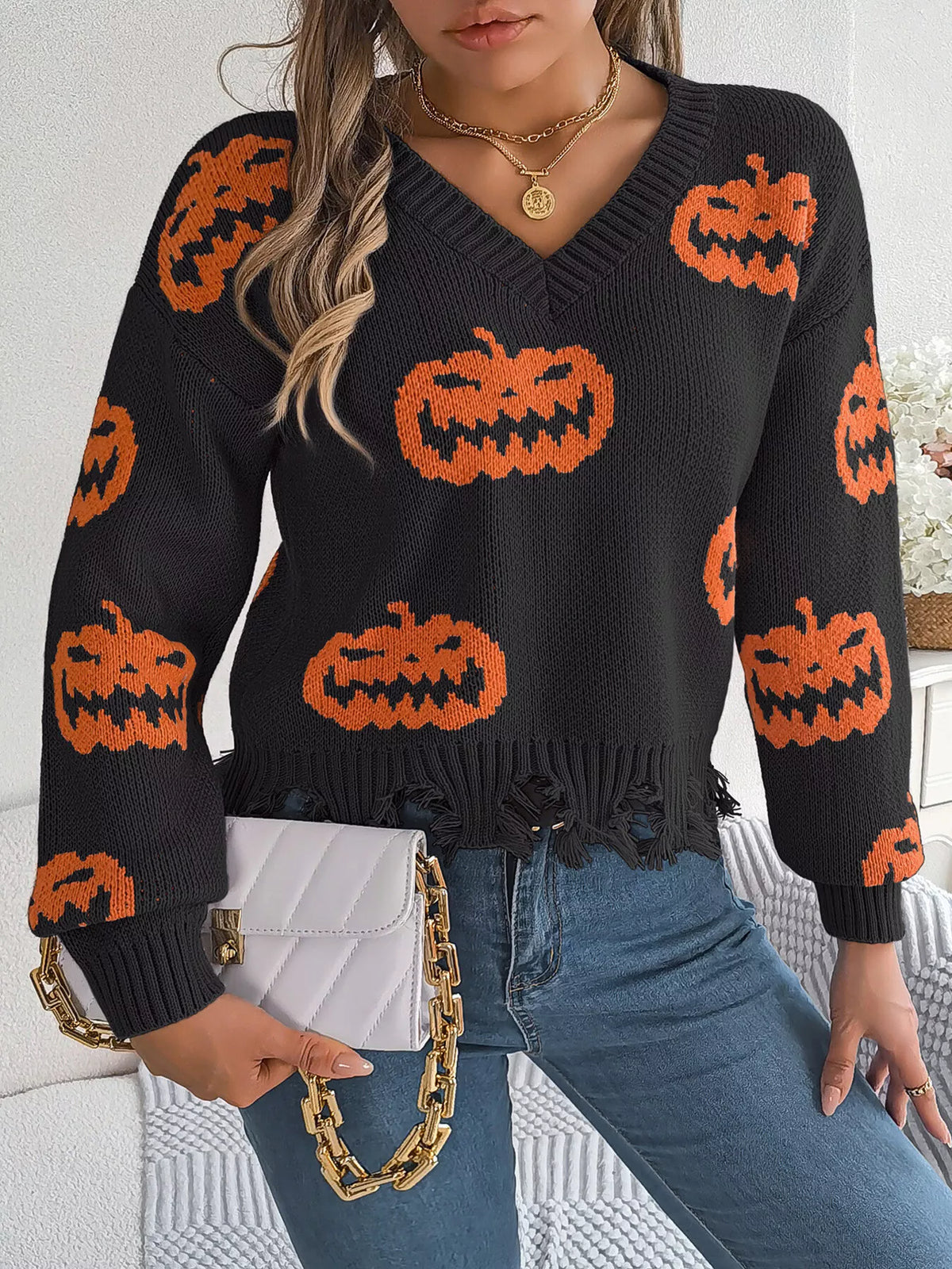 Halloween Pumpkin Pattern Raw Hem V-Neck Sweater