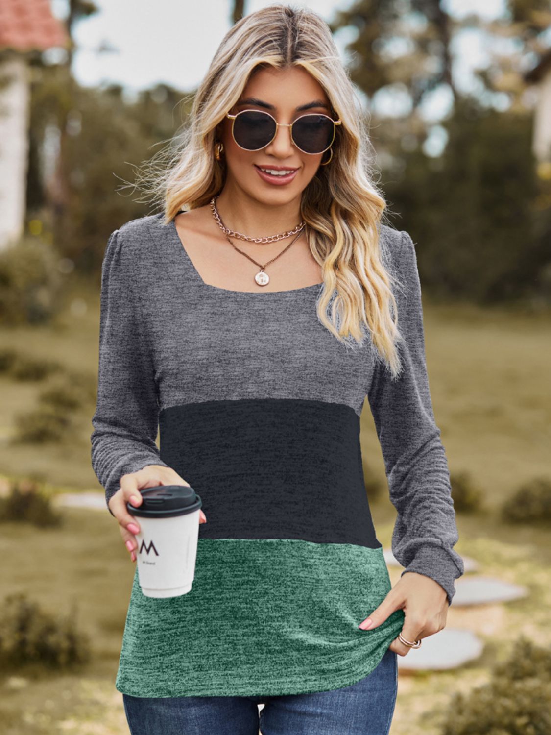 Color Block Square Neck Long Sleeve T-Shirt