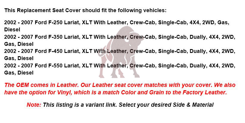 2003-2007 Ford F250/F350/F450/F550 Lariat Seat Cover in Flint Gray: Choose Leather or Vinyl