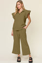 Textured Ruffle Top & Drawstring Wide Leg Pants Set