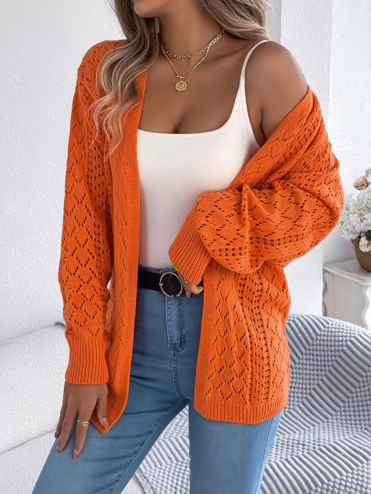 Openwork Open-Front Long Sleeve Cardigan