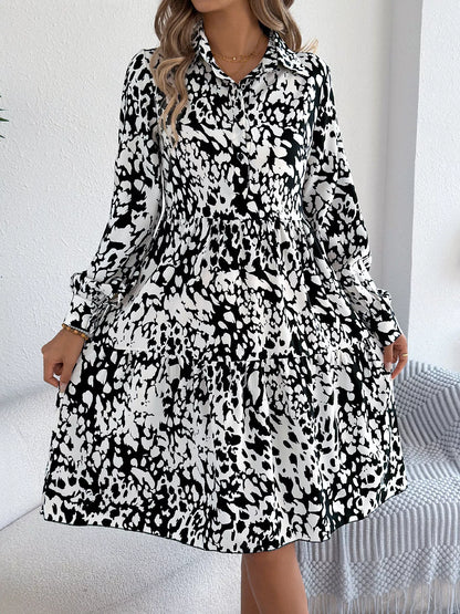 Printed Collared Neck Long Sleeve Dress
