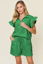 Textured Flounce Sleeve & Drawstring Shorts Set