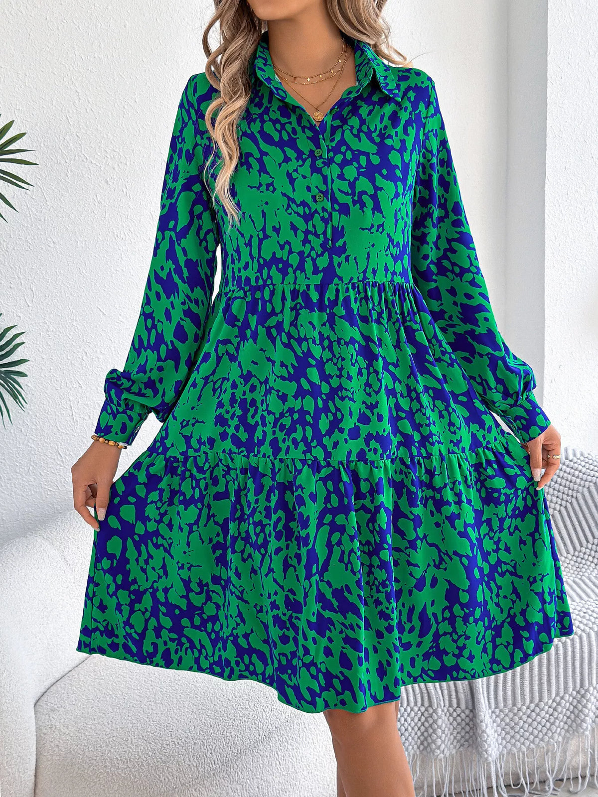 Printed Collared Neck Long Sleeve Dress