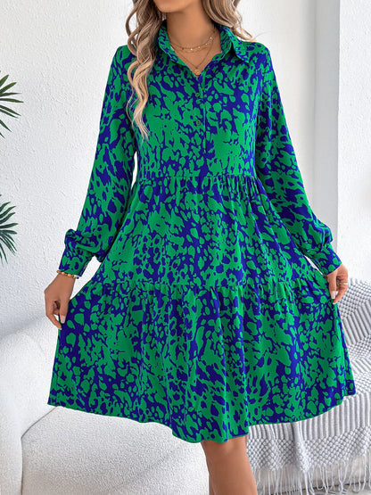 Printed Collared Neck Long Sleeve Dress