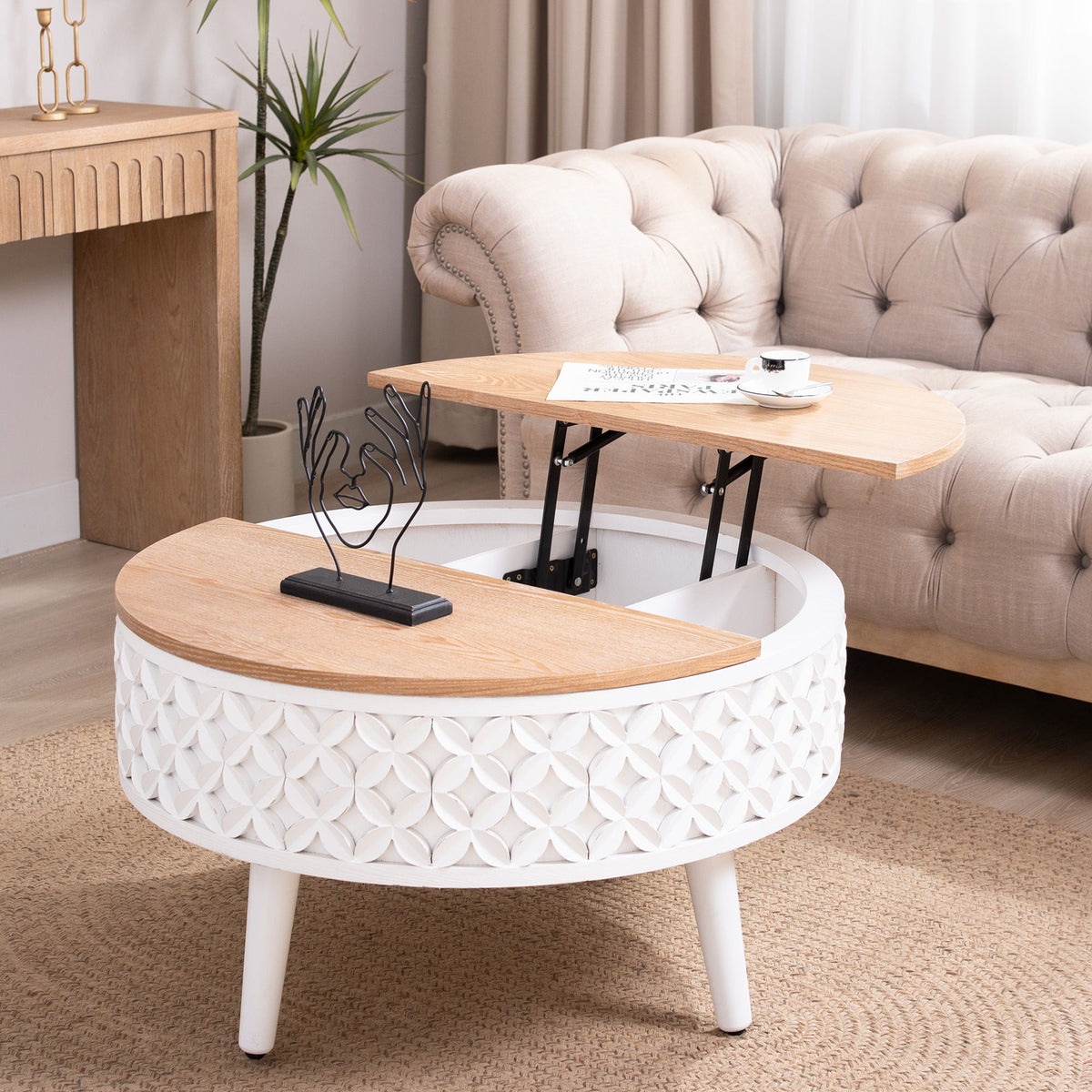 Round Coffee Table With Storage - White / Light Oak