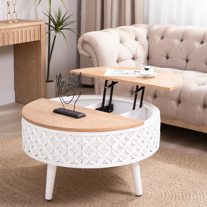 Round Coffee Table With Storage - White / Light Oak