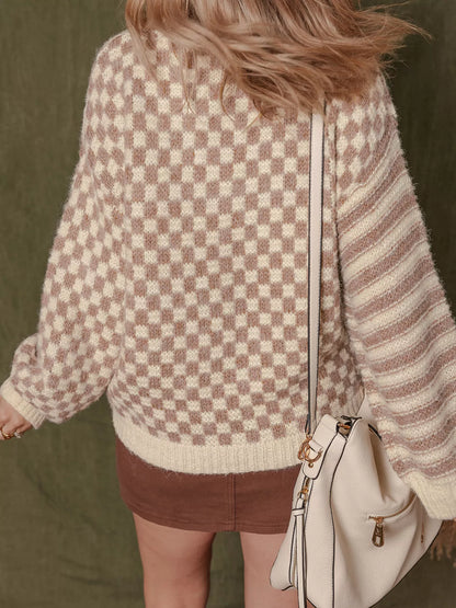 Checkerboard & Striped Pattern Knit Sweater