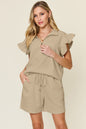 Textured Flounce Sleeve & Drawstring Shorts Set