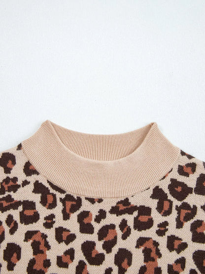 Leopard Print High Neck Shift Mini Sweater Dress