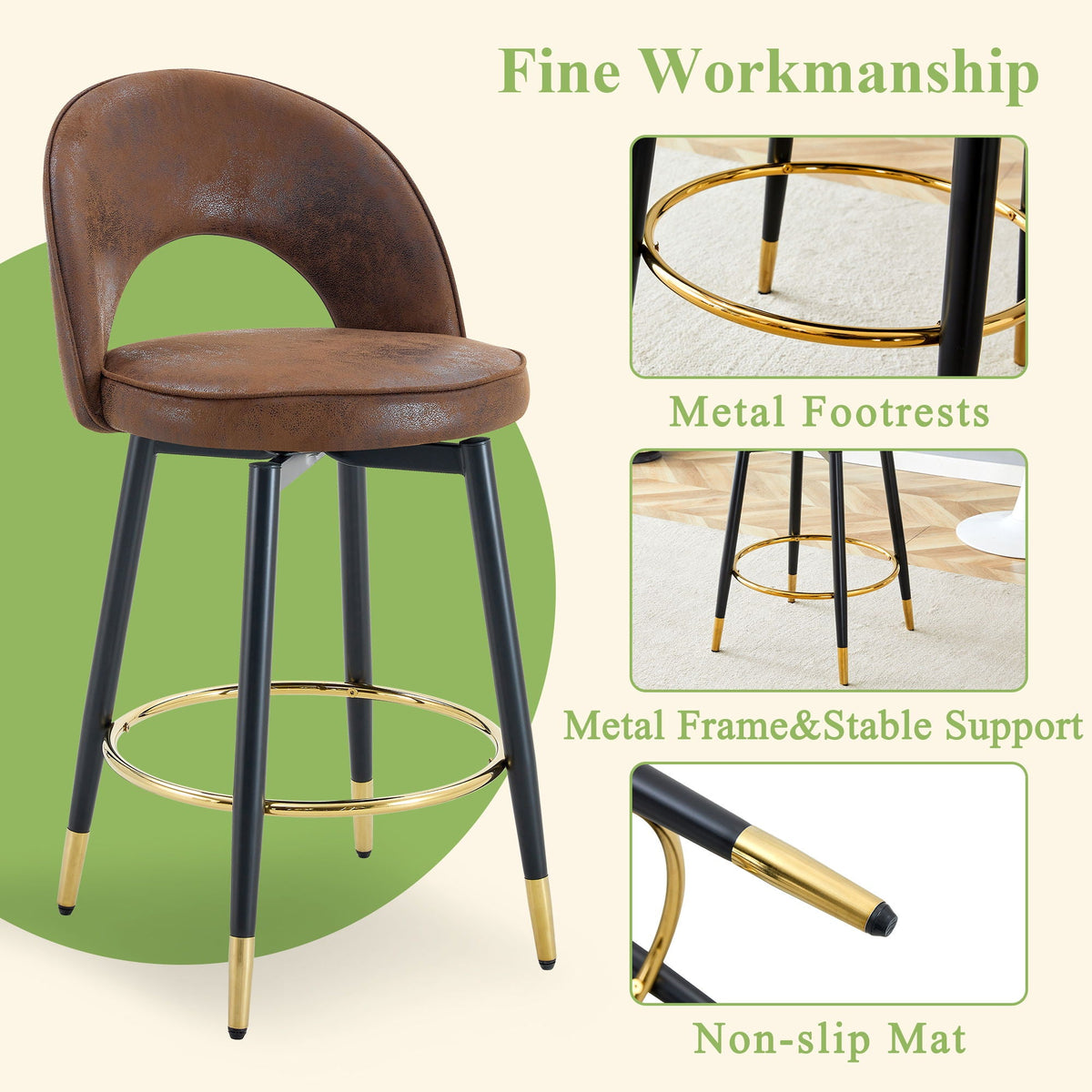 Upholstered Rotatable Bar Chair With Metal Legs For Dining Room