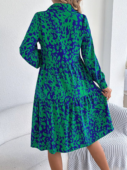 Printed Collared Neck Long Sleeve Dress