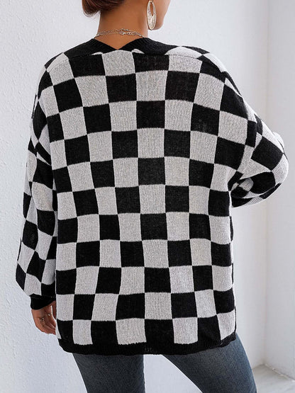 Black and White Checkered Cardigan - Checkered Open Front Long Sleeve Cardigan