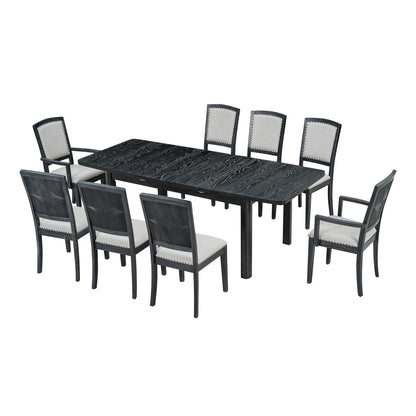 Topmax - Rustic Extendable Dining Table Set With Removable Leaf, 6 Upholstered Armless Dining Chairs And 2 Padded Arm Chairs, 9 Pieces