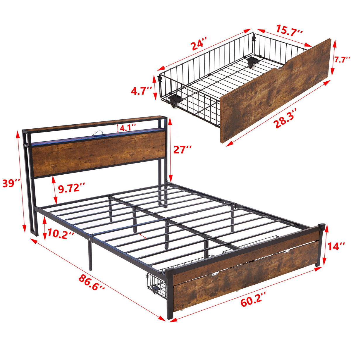 Modern Metal Platform Bed Frame With Wooden Headboard And Footboard, USB Charging Station, LED Lights, 2 Drawers