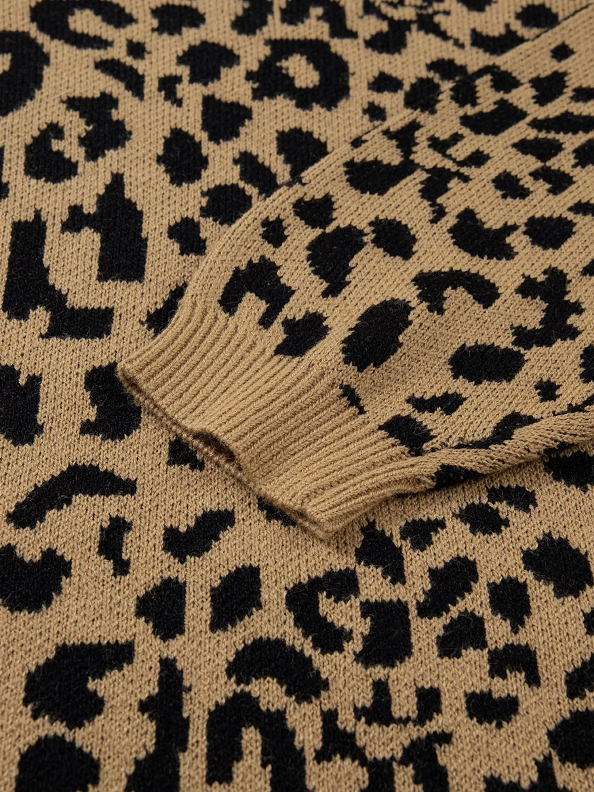 Ribbed Trim Round Neck Leopard Drop Shoulder Sweater