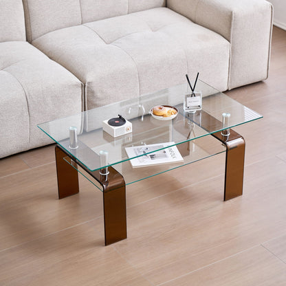 Modern Tempered Glass Coffee Table With 2 Tier Storage For Living Room