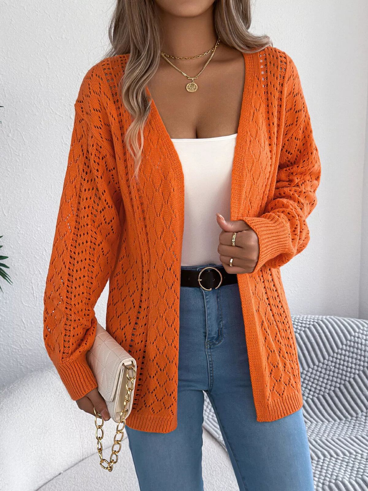 Openwork Open-Front Long Sleeve Cardigan