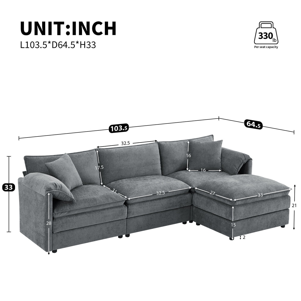 Modular Sectional With Deep And Wide Seat, Cloud Couch Set With Double Cushions Sofa With Movable Ottoman