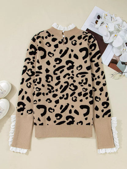 Leopard Pattern Lace Ribbed Detail Button Cuffed Sweater