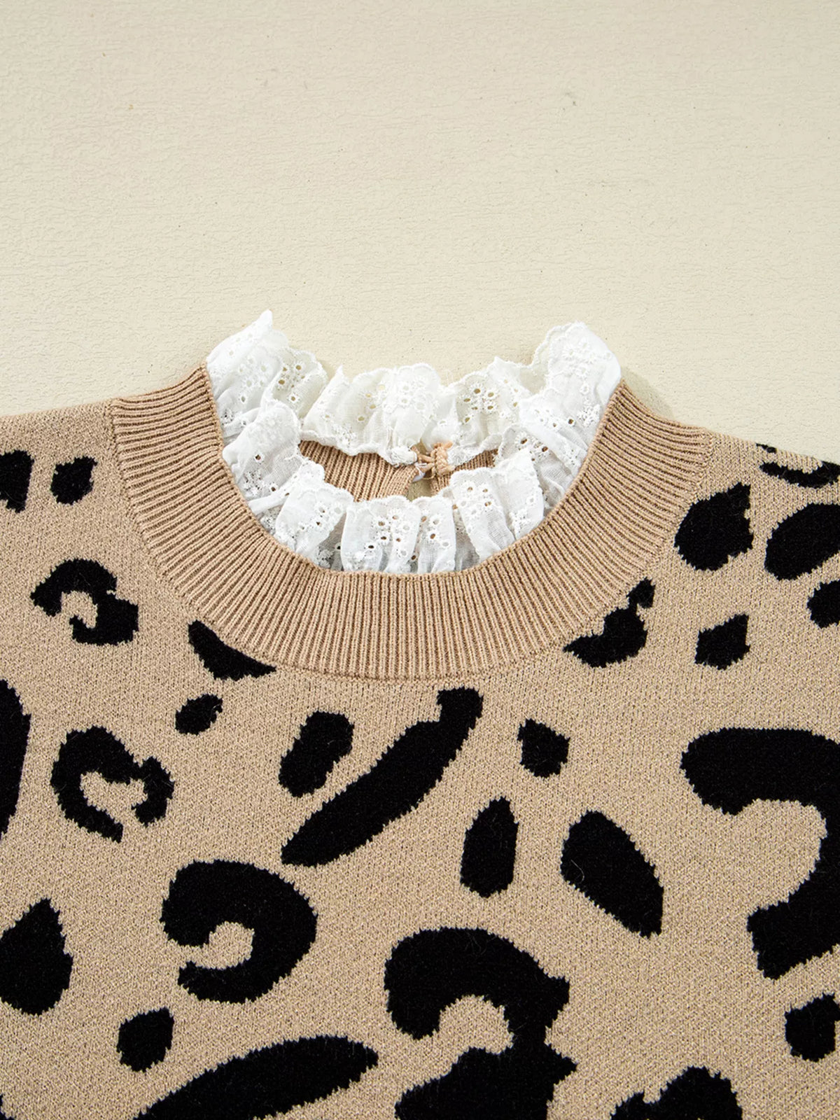 Leopard Pattern Lace Ribbed Detail Button Cuffed Sweater
