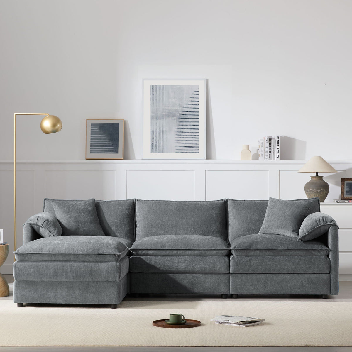 Modular Sectional With Deep And Wide Seat, Cloud Couch Set With Double Cushions Sofa With Movable Ottoman