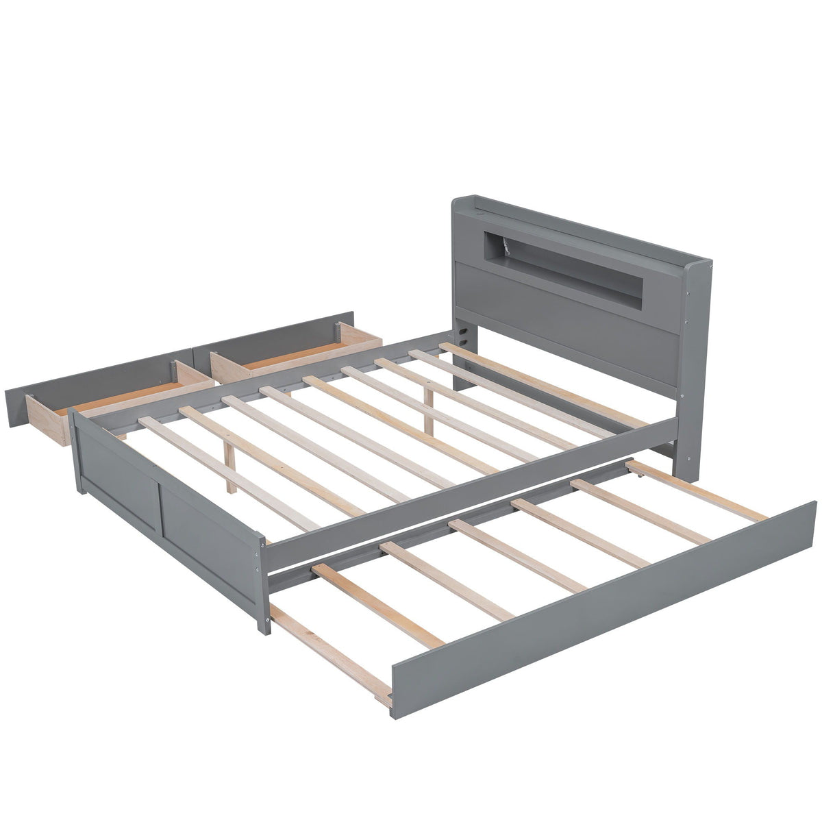 Storage Platform Bed With LED Lights, 2 Drawers And Trundle