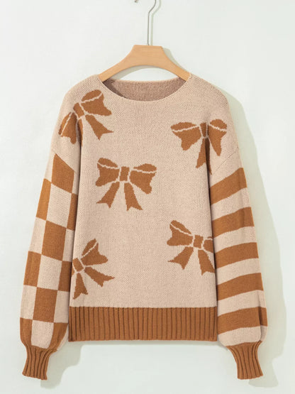 Ribbon Bow Checkered Striped Sleeve Drop Shoulder Sweater