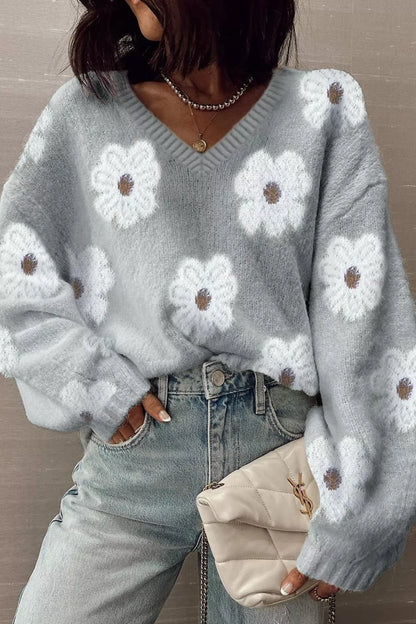 Floral Fuzzy Knit V-Neck Sweater