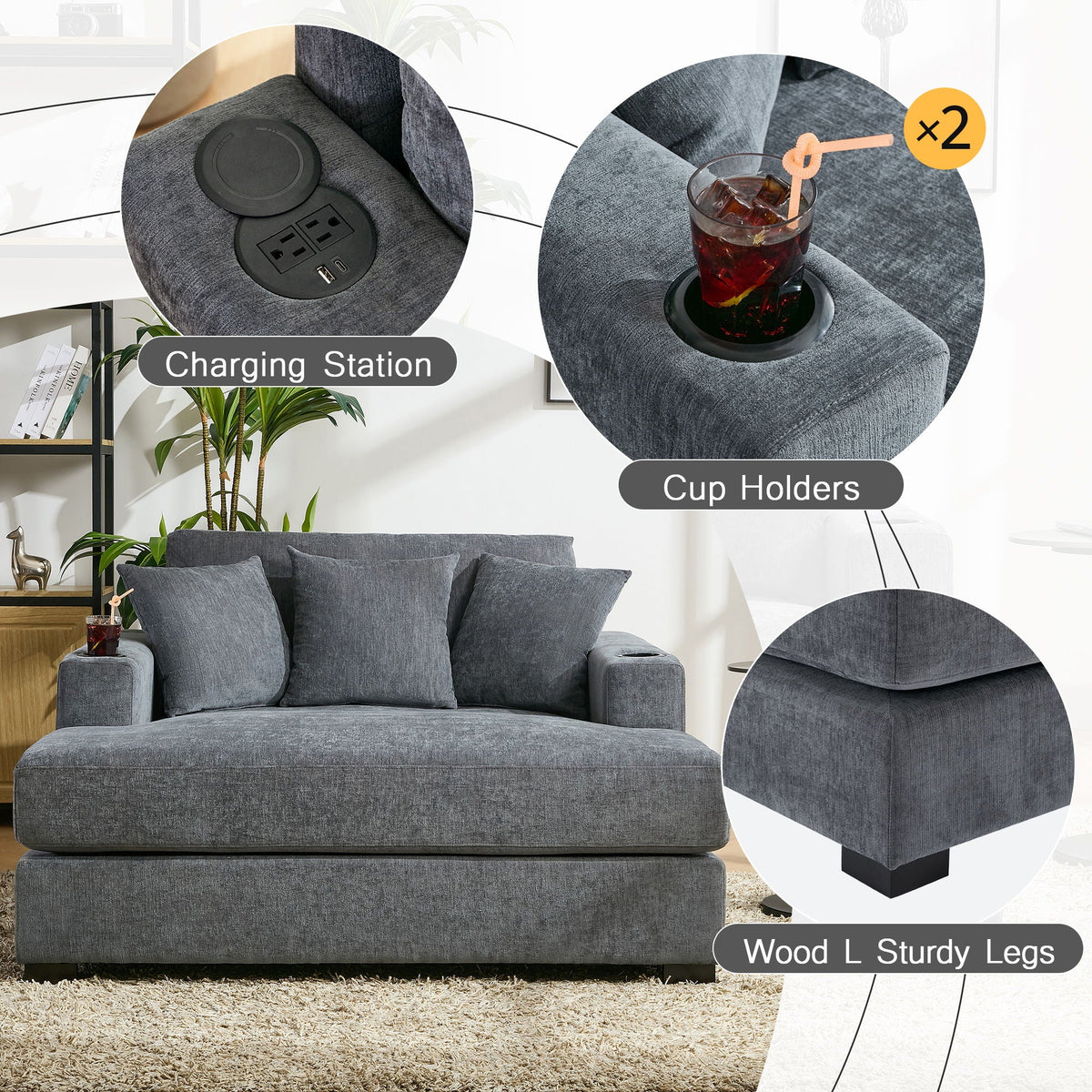 Oversized Chaise Lounger Modern Style Sofa Couch, With Pillows, Charge Station & Cup Holders