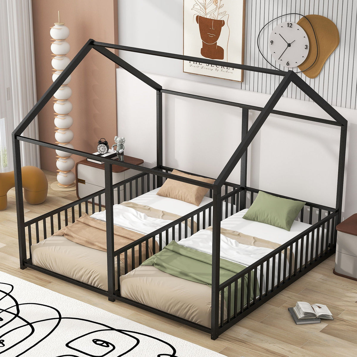 House Platform Beds, 2 Shared Beds, Metal Frame With Guardrails