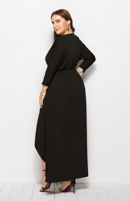 Plus Size Deep V Dress - Three Quarter Sleeve Knit Dress