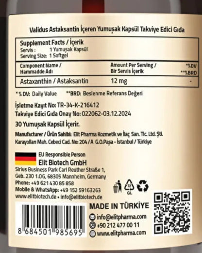 Validus Astaxanthin 12 mg Dietary Supplement 30 Softgels