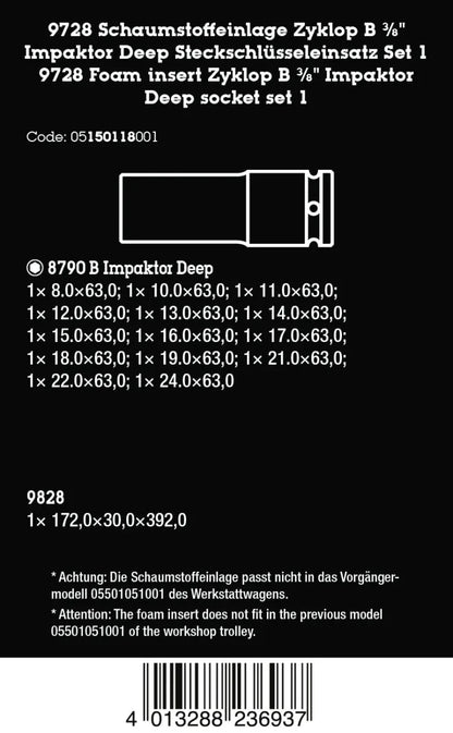 Wera 9728 Zyklop B 3/8" Impaktor Deep Socket Set 1 (15 Pc)