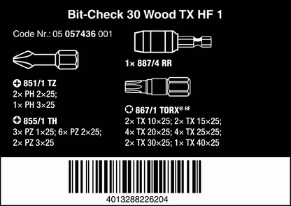 Wera Bit Check 30 Wood TX HF 1 Bits Set 30 Pieces 05057436001